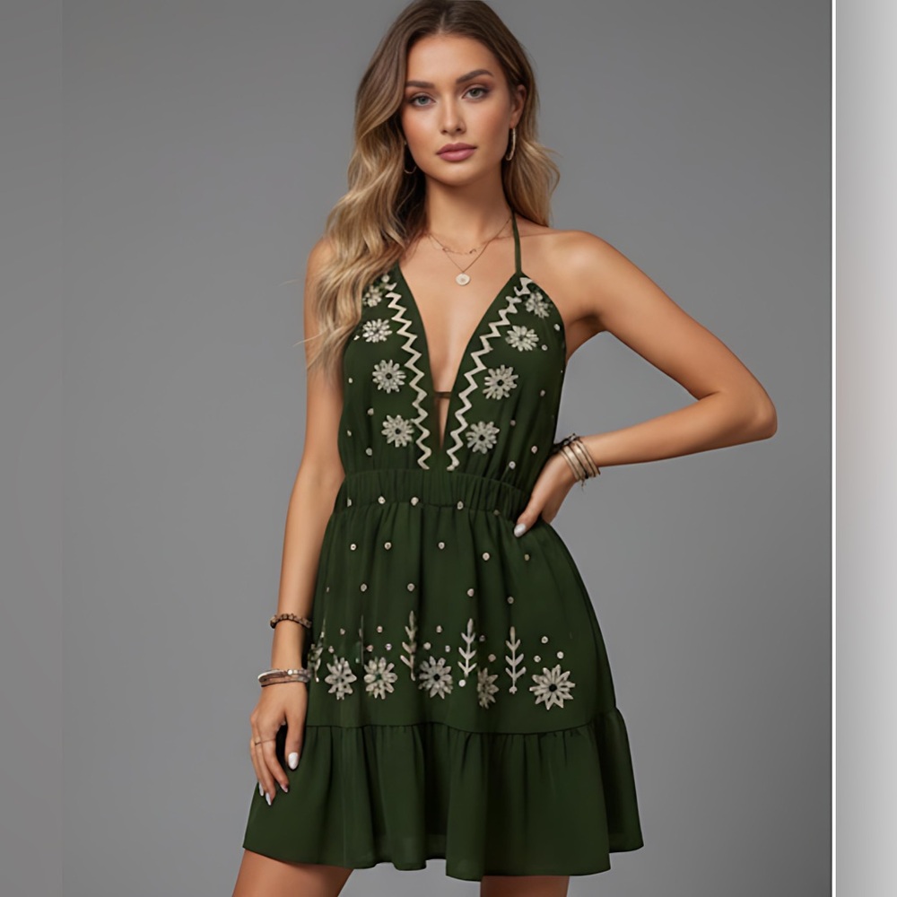 Boho Floral Embroidered  Deep V-Neck Dress Green